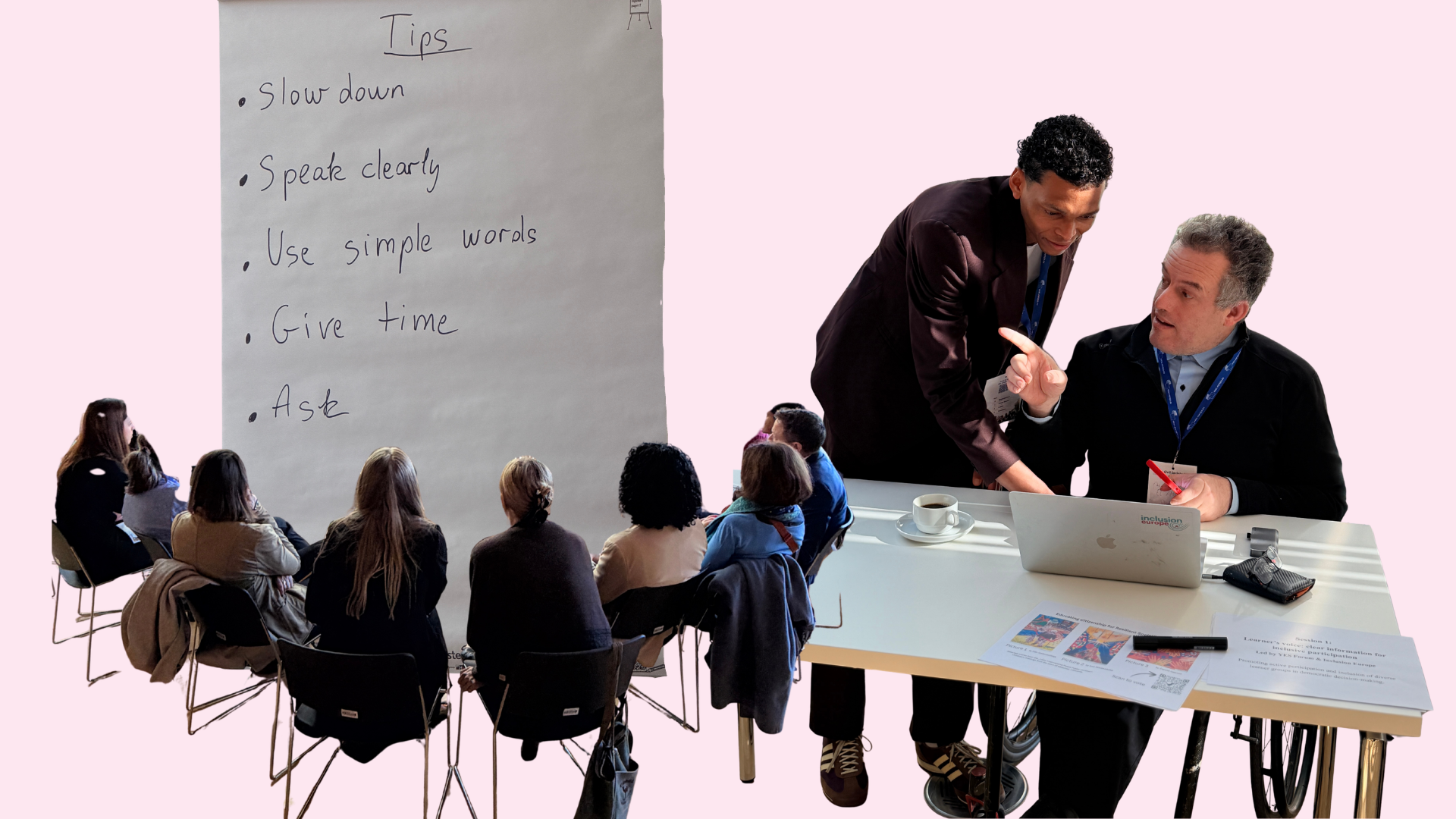 Soufiane El Amrani pointing at a flip chart that reads: "Tips. Slow down. Speak clearly. Use simple words. Give time. Ask. A group of people is sitting arounf the flip chart.